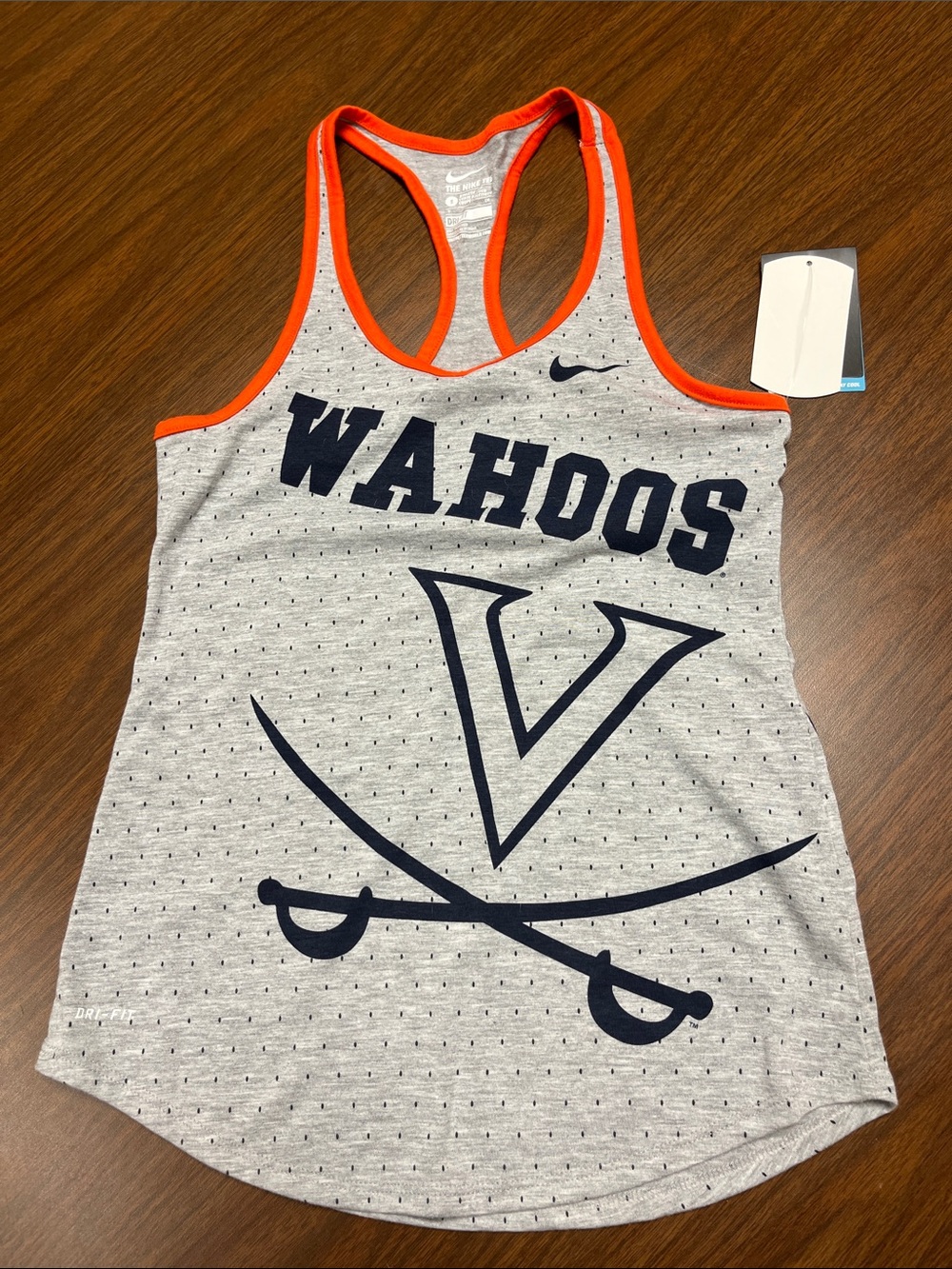 Nike Gray Tank with Orange Trim and Navy Wahoos Graphic, size small, new